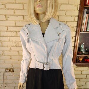Chia Womens White Leather Jacket Moto Fridged Small